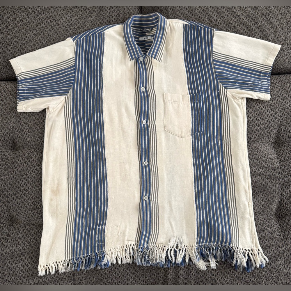 BODE Early Collection 01423 Stripe Shirt Cotton Fringe Hem Handmade NY Made L/XL
